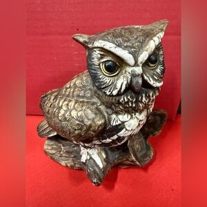 Vintage Homco Brown and White Ceramic Horned Owl Sculpture Art Figurine on a log